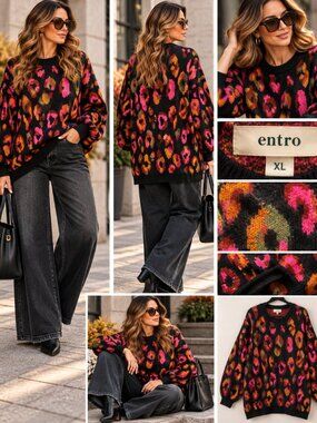 Entro XL Multicolor Leopard Print Oversized Sweater Black Pink Boho Statement